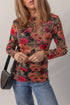 Floral Print Mesh Mock Neck Lettuce Trim Top