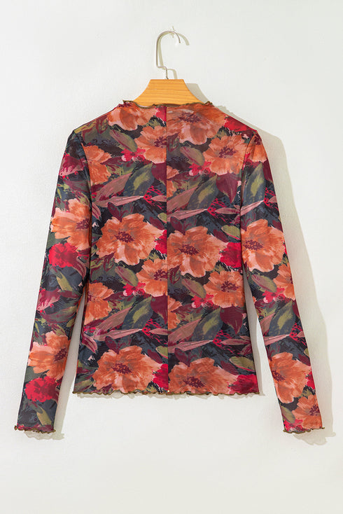 Floral Print Mesh Mock Neck Lettuce Trim Top