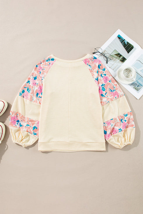 Floral Print Mixed Media Waffle Knit Pullover Top