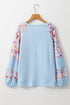 Floral Print Mixed Media Waffle Knit Pullover Top