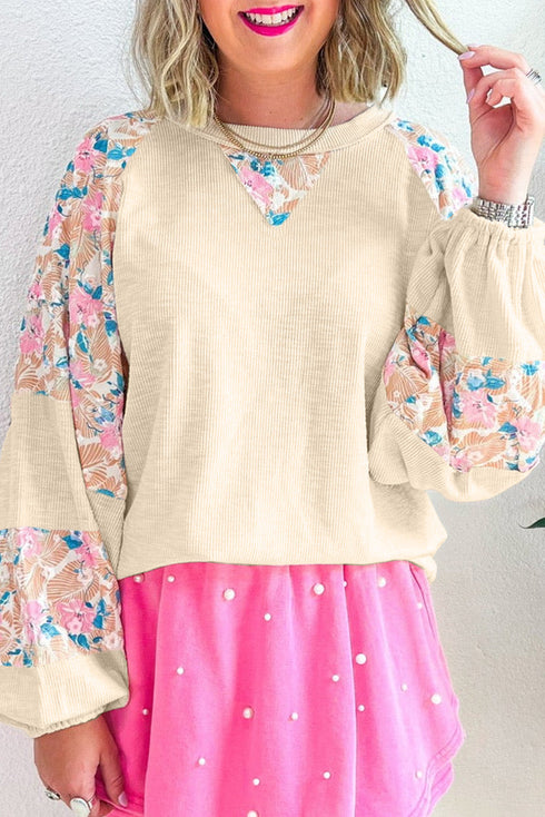 Floral Print Mixed Media Waffle Knit Pullover Top
