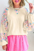 Floral Print Mixed Media Waffle Knit Pullover Top