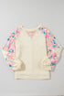 Floral Print Mixed Media Waffle Knit Pullover Top