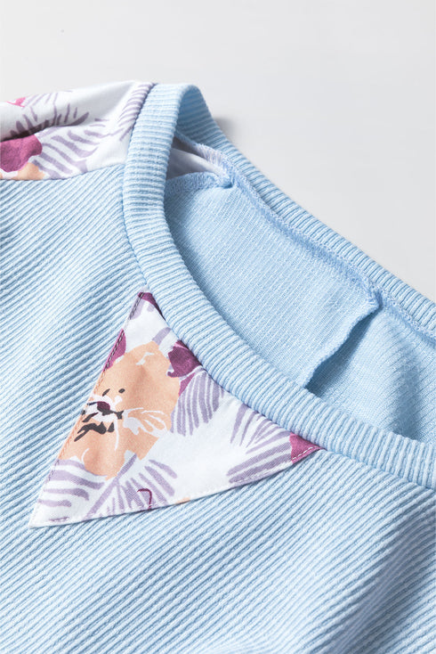 Floral Print Mixed Media Waffle Knit Pullover Top