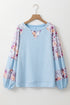Floral Print Mixed Media Waffle Knit Pullover Top