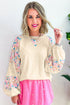 Floral Print Mixed Media Waffle Knit Pullover Top