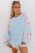 Floral Print Mixed Media Waffle Knit Pullover Top