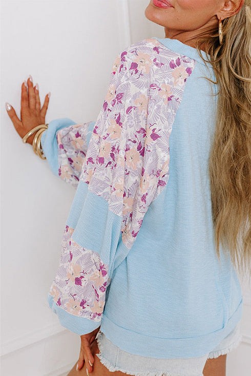 Floral Print Mixed Media Waffle Knit Pullover Top