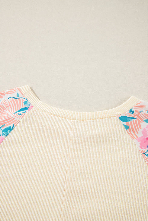 Floral Print Mixed Media Waffle Knit Pullover Top