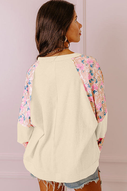 Floral Print Mixed Media Waffle Knit Pullover Top
