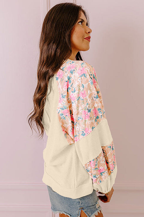 Floral Print Mixed Media Waffle Knit Pullover Top
