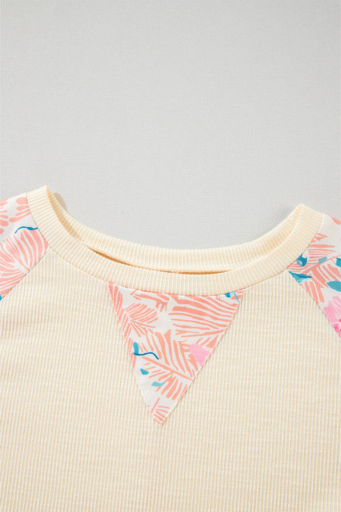 Floral Print Mixed Media Waffle Knit Pullover Top