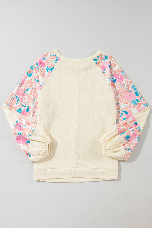 Floral Print Mixed Media Waffle Knit Pullover Top