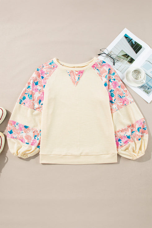 Floral Print Mixed Media Waffle Knit Pullover Top