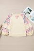 Floral Print Mixed Media Waffle Knit Pullover Top