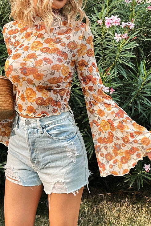 Floral Print Mock Neck Bell Sleeve Scallop Trim Blouse