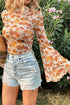 Floral Print Mock Neck Bell Sleeve Scallop Trim Blouse