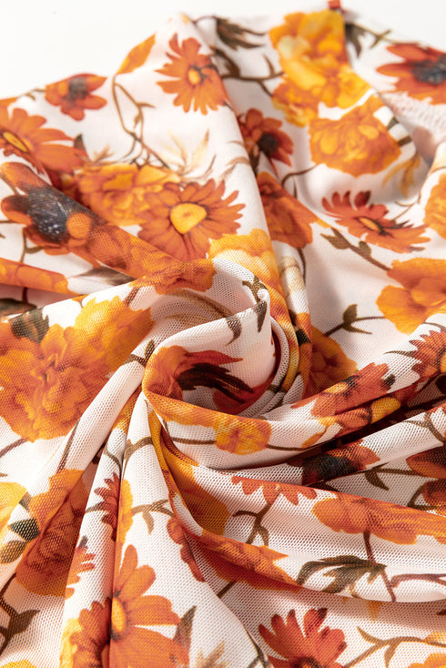 Floral Print Mock Neck Bell Sleeve Scallop Trim Blouse