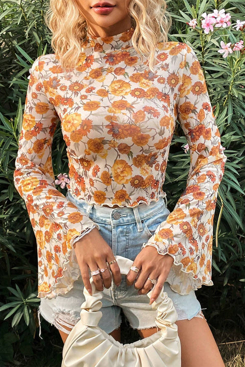 Floral Print Mock Neck Bell Sleeve Scallop Trim Blouse