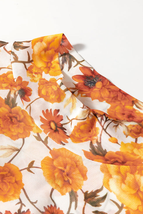 Floral Print Mock Neck Bell Sleeve Scallop Trim Blouse