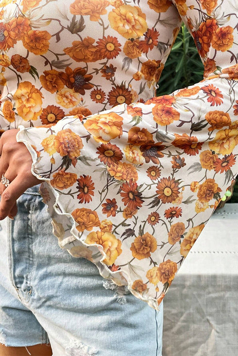 Floral Print Mock Neck Bell Sleeve Scallop Trim Blouse