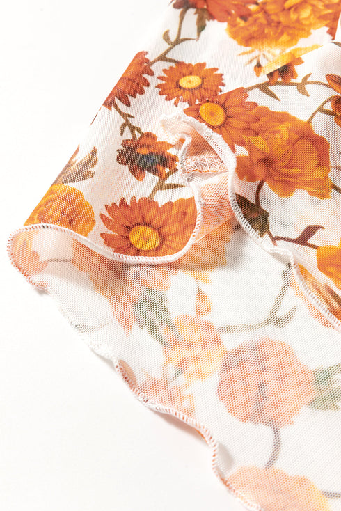 Floral Print Mock Neck Bell Sleeve Scallop Trim Blouse