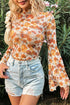Floral Print Mock Neck Bell Sleeve Scallop Trim Blouse