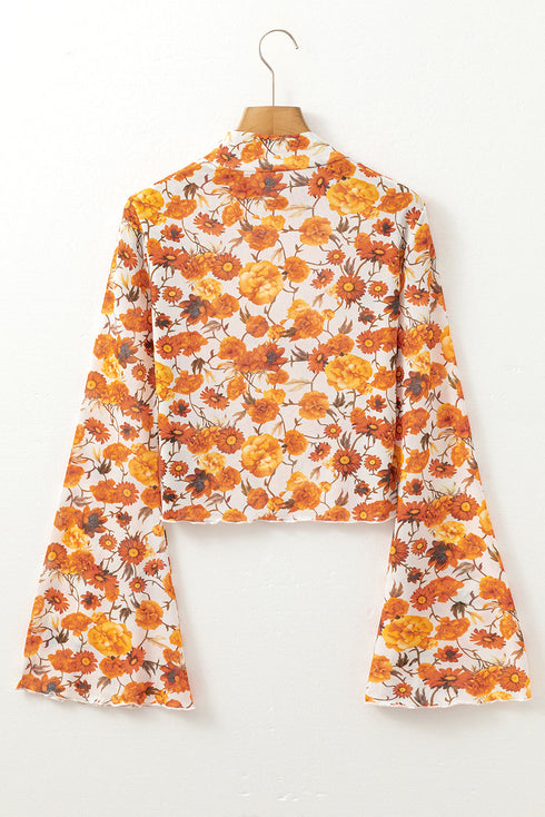 Floral Print Mock Neck Bell Sleeve Scallop Trim Blouse