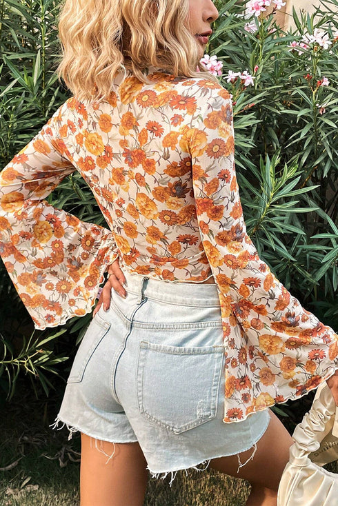 Floral Print Mock Neck Bell Sleeve Scallop Trim Blouse