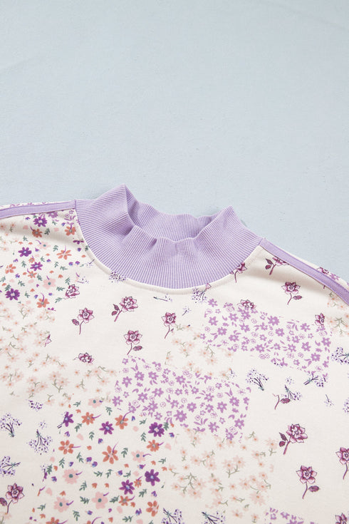 Floral Print Mock Neck Paneled Sleeve Sweatshirt