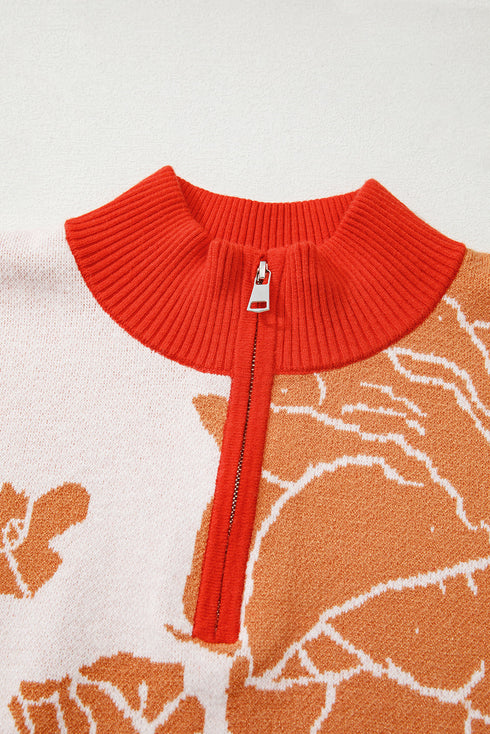 Floral Print Mock Neck Quarter Zip Pullover Sweater