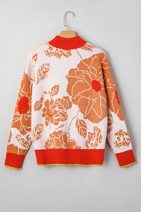 Floral Print Mock Neck Quarter Zip Pullover Sweater