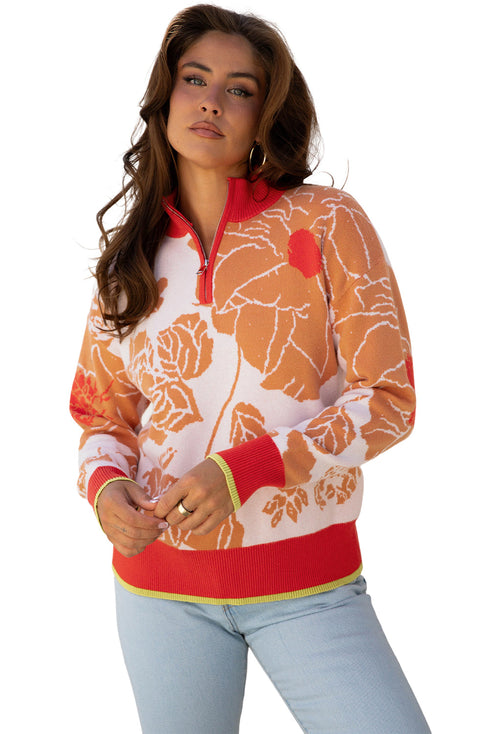Floral Print Mock Neck Quarter Zip Pullover Sweater