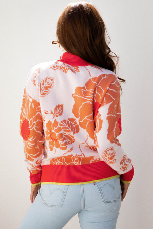 Floral Print Mock Neck Quarter Zip Pullover Sweater
