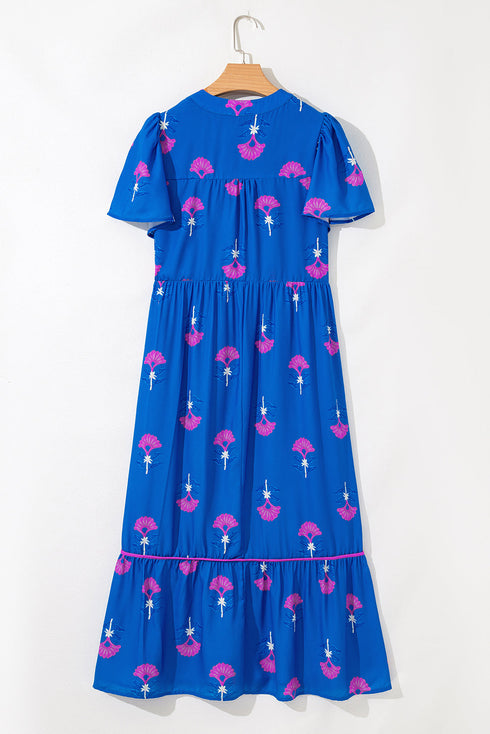 Floral Print Notched Neck Butterfly Sleeve Shift Maxi Dress