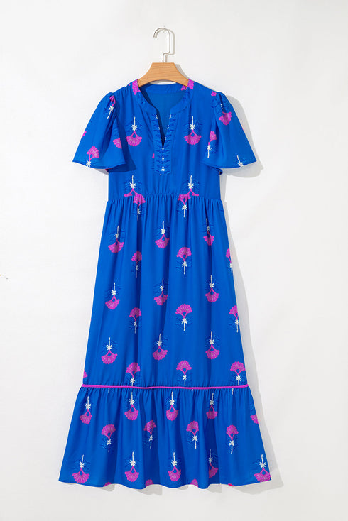Floral Print Notched Neck Butterfly Sleeve Shift Maxi Dress