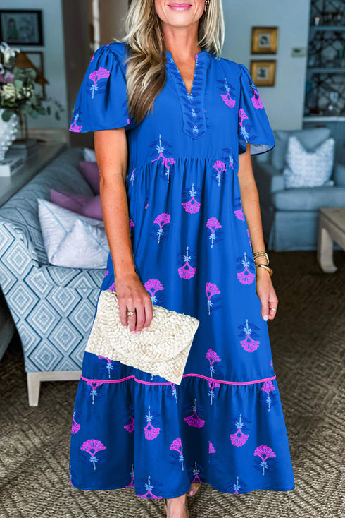 Floral Print Notched Neck Butterfly Sleeve Shift Maxi Dress