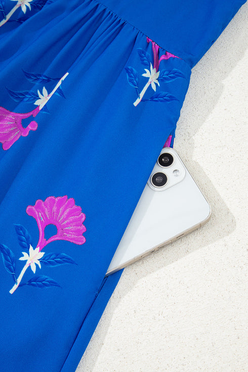 Floral Print Notched Neck Butterfly Sleeve Shift Maxi Dress