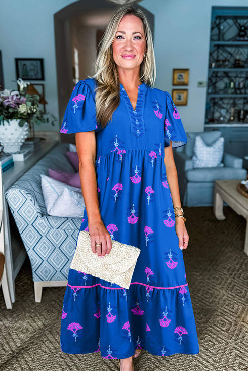 Floral Print Notched Neck Butterfly Sleeve Shift Maxi Dress