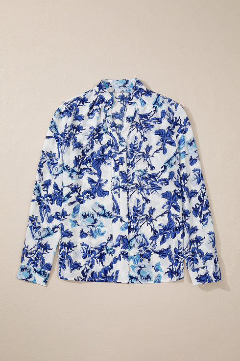 Floral Print Notched Neck Long Sleeve Woven Blouse