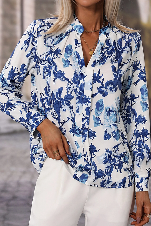 Floral Print Notched Neck Long Sleeve Woven Blouse