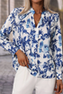 Floral Print Notched Neck Long Sleeve Woven Blouse
