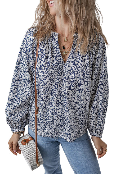 Floral Print Notched Neck Puff Sleeve Cotton Blouse