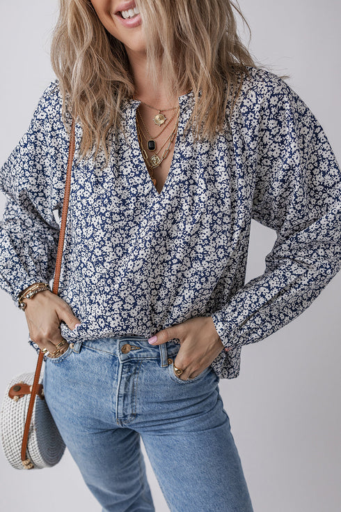 Floral Print Notched Neck Puff Sleeve Cotton Blouse