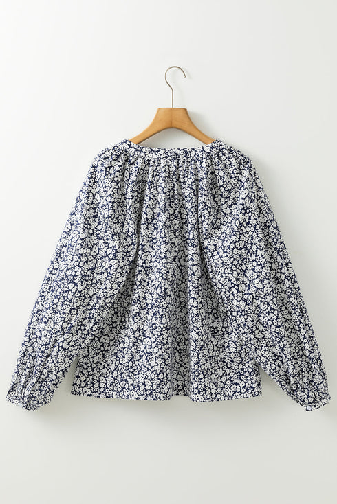 Floral Print Notched Neck Puff Sleeve Cotton Blouse