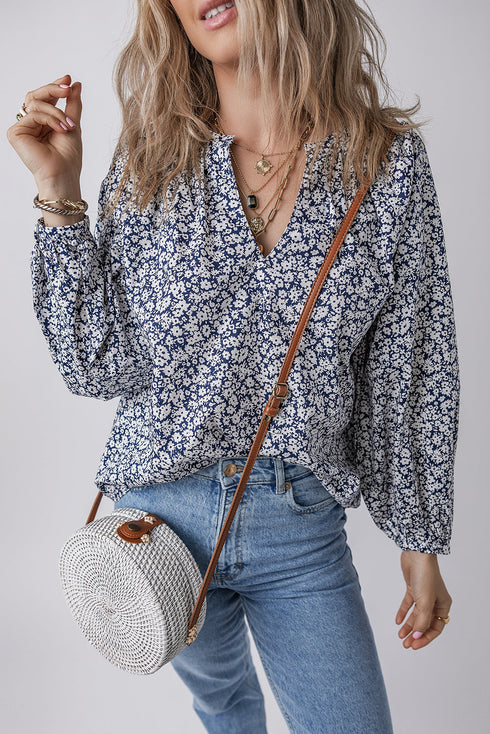 Floral Print Notched Neck Puff Sleeve Cotton Blouse
