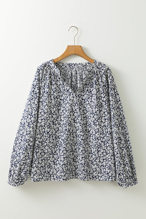 Floral Print Notched Neck Puff Sleeve Cotton Blouse