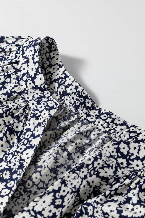 Floral Print Notched Neck Puff Sleeve Cotton Blouse
