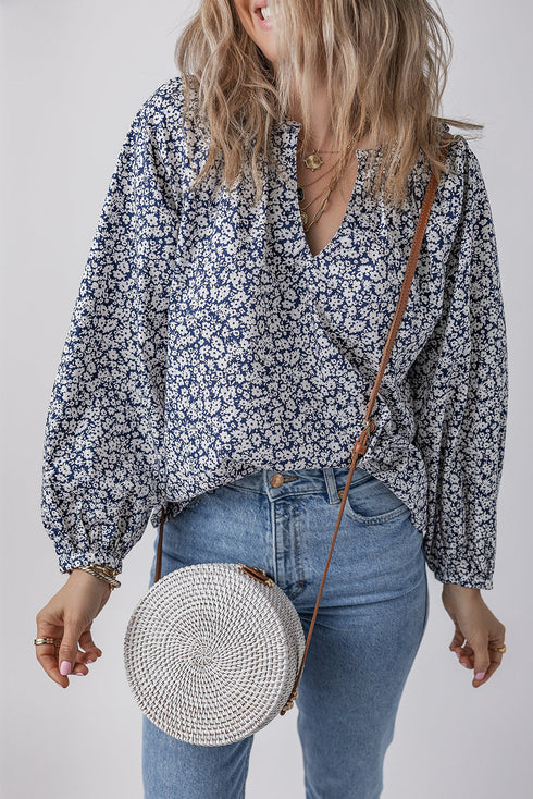 Floral Print Notched Neck Puff Sleeve Cotton Blouse