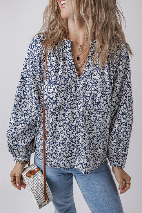 Floral Print Notched Neck Puff Sleeve Cotton Blouse